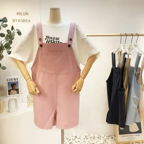 韩国东大门牛仔背带裤五分裤夏季ins简约文艺休闲直筒阔腿裤大码图片