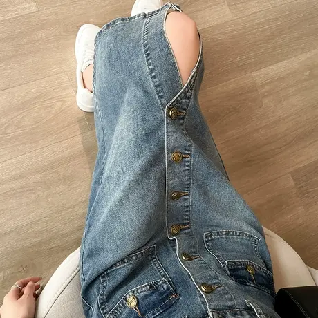 复古牛仔半身裙女夏季薄款梨形身材a字裙中长款高腰排扣开叉裙子图片