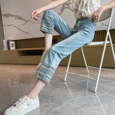 烟管牛仔裤女夏季薄款翻边设计感高腰宽松小个子显瘦直筒法棍裤子商品大图