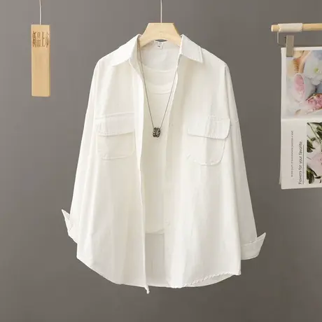 潮流休闲衬衫外套女士中长款2024春秋季新款宽松韩版翻领长袖衬衣商品大图