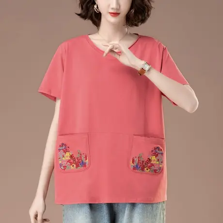 中老年夏季新款短袖T恤女加肥加大码宽松胖妈妈刺绣纯棉显瘦体恤商品大图