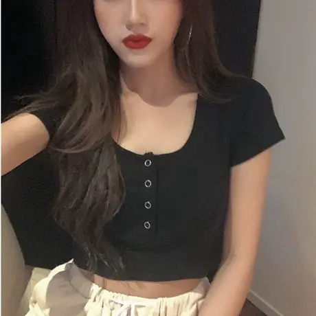 正肩白色短袖t恤女短款夏季独特别致修身露脐纯欲辣妹漂亮上衣潮商品大图