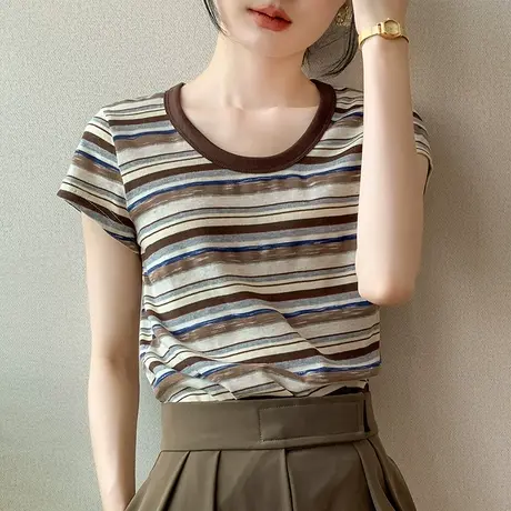 圆领撞色拼接条纹短袖T恤女2023夏新款宽松休闲薄款透气百搭上衣商品大图