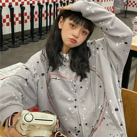 红续港风ins新款春秋韩版泼漆手绘爱心连帽卫衣开衫外套女生上衣图片