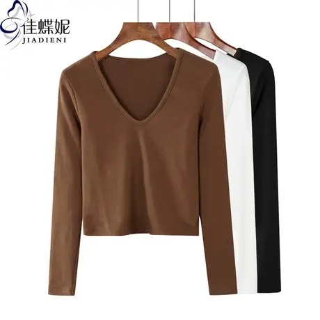 秋冬新款V领修身显瘦纯色简约纯棉纯色长袖体恤上衣内搭女打底衫商品大图