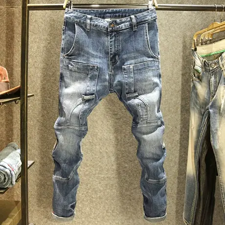 2024春秋新款潮牌工装牛仔裤男修身小脚高街潮男个性拼接贴布长裤商品大图