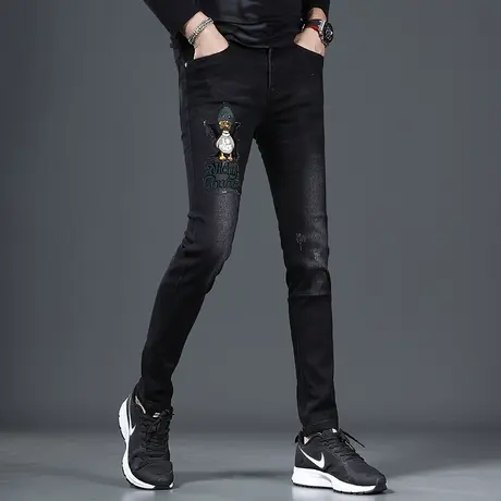 黑色牛仔裤男秋冬季新款刺绣烫钻潮牌修身小脚男士弹力厚款牛仔裤商品大图