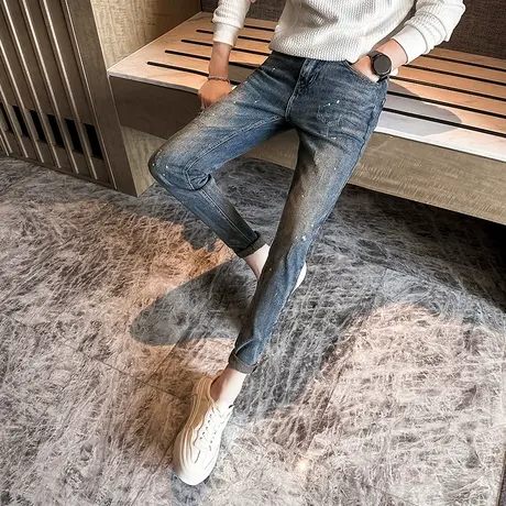 2023秋季新款时尚简约百搭油漆牛仔裤男韩版修身小脚裤显瘦铅笔裤图片