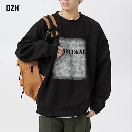 男士美式黑色卫衣男圆领重磅宽松上衣秋季男装外套2023新款情侣装商品大图