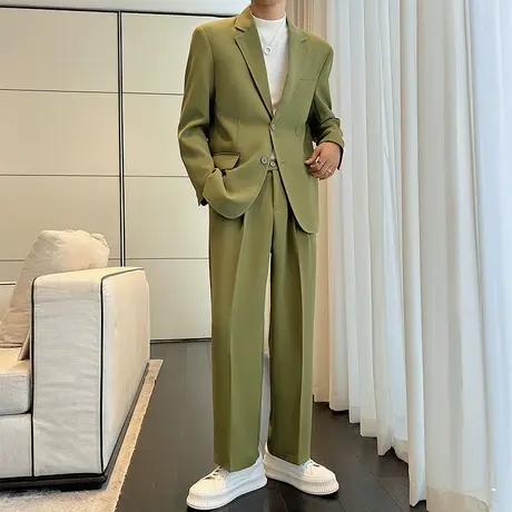 夏季薄款宽松西装男垂感外套休闲痞帅两粒扣西服男阔腿长裤套装潮图片