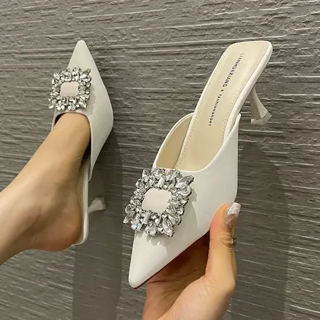 高跟鞋女细跟2024年新款春夏季尖头包头半拖凉鞋法式水钻外穿凉拖图片