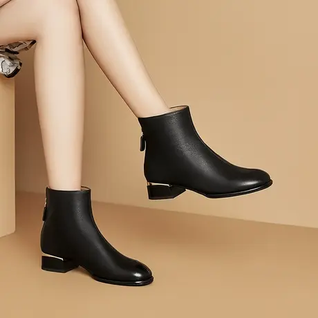 中跟软皮短靴女新款后拉链真皮头层牛皮粗跟纯色马丁靴金属单靴子图片