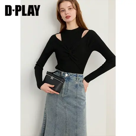 DPLAY秋冬新款黑色修身针织打底衫时尚挖肩设计内搭女士上衣商品大图