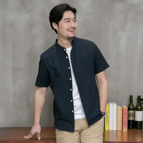 格慕施短袖衬衫男士夏季薄款中国风亚麻休闲宽松韩版立领棉麻衬衣图片