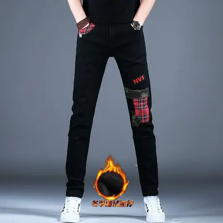 黑色补丁加绒牛仔裤男款秋冬款裤子男士美式高街小脚修身潮流男裤商品大图
