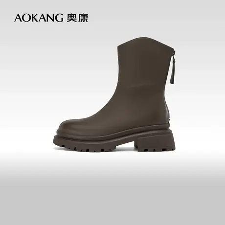 奥康女鞋 冬季新款英伦风后拉链瘦瘦靴简约韩版女士短靴子图片