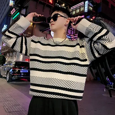 冬季加厚毛衣男潮流帅气BF风内搭打底线衣chic冬装高级感撞色条纹商品大图
