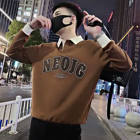 春秋季卫衣ins潮牌撞色翻领POLO衫长袖T恤2023新款痞帅宽松外套潮商品大图