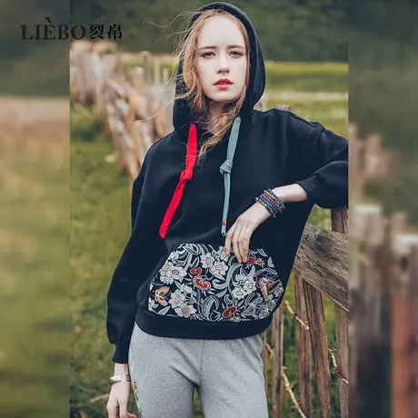 裂帛设计感民族风刺绣国潮撞色抽绳连帽卫衣女chic宽松慵懒风上衣商品大图