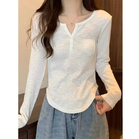 2024春季新款长袖T恤女纯色百搭修身显瘦纽扣V领短款打底衫上衣潮商品大图