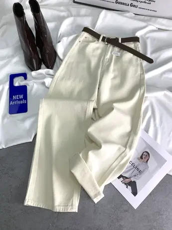 韩版米白色高腰牛仔裤女2024春季新款显瘦百搭窄版阔腿拖地直筒裤商品大图