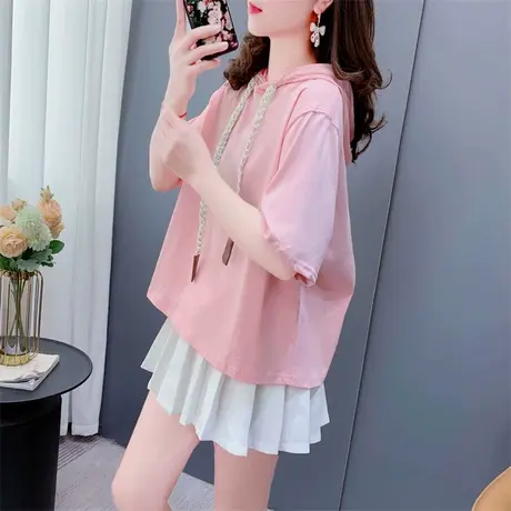 设计感小个子连帽短袖T恤女薄款2023新款夏季韩版宽松短款上衣ins图片