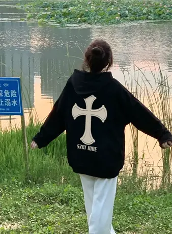 oversize设计感连帽卫衣女秋冬加绒加厚ins潮牌宽松大码上衣外套图片