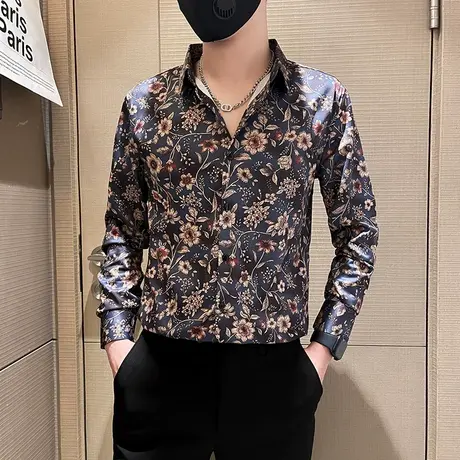 春秋季时尚休闲花色设计感轻熟韩版修身发型师衬衫个性长袖衬衣商品大图