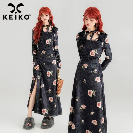 KEIKO 新中式蔷薇玫瑰丝绒连衣裙2024春季纯欲系带性感高开叉长裙商品大图