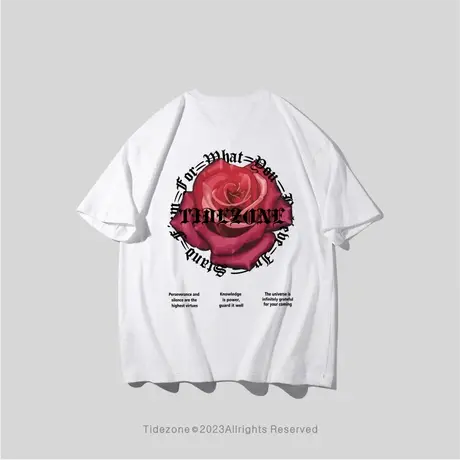 Ohlyah潮牌美式玫瑰圆圈字母花卉印花短袖男女校园情侣五分袖t恤图片