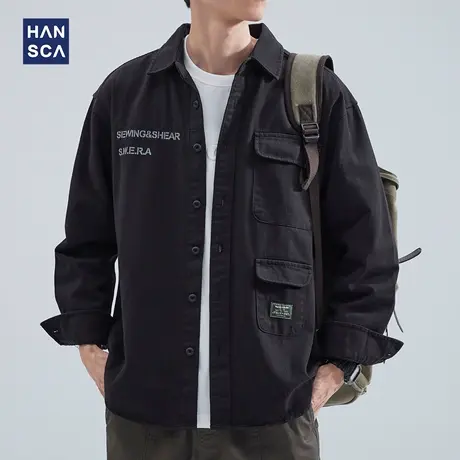 hansca休闲工装衬衫外套男青少年春季潮牌时尚字母黑色纯棉上衣服商品大图