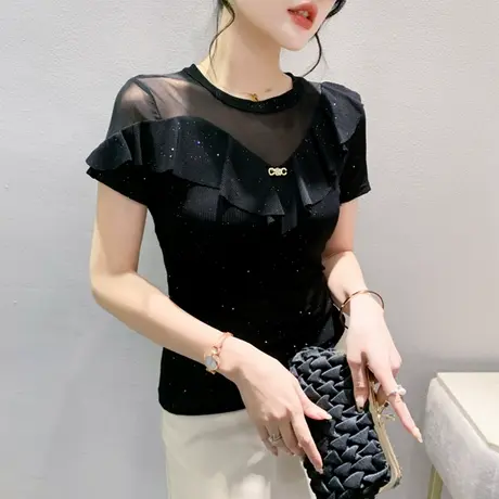 时尚荷叶边T恤女短袖欧货性感网纱打底衫烫金上衣修身百塔圆领潮图片