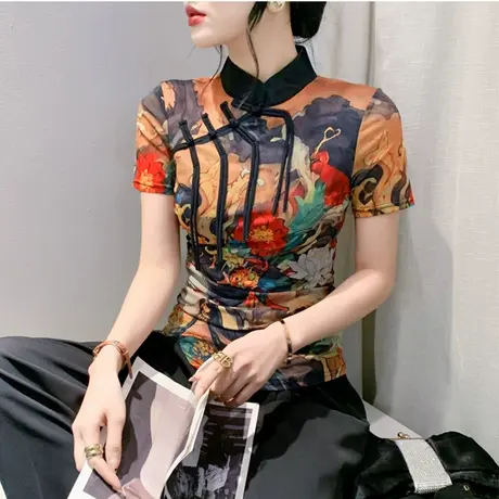 新中式复古国风短袖T恤女时尚设计感立领盘扣上衣气质网纱打底衫商品大图