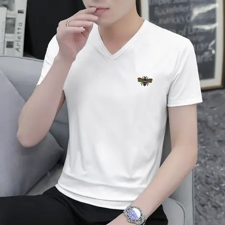 莫代尔棉白色t恤男短袖夏季V领打底衫潮流潮牌上衣服冰丝冰感半袖商品大图