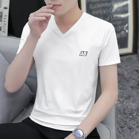 莫代尔白色t恤男士短袖夏季潮流V领上衣服冰丝凉感速干半袖体恤衫商品大图