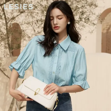 LESIES蓝色倾情夏季女装灰蓝色气质蕾丝花边拼接短袖衬衫淑女上衣图片