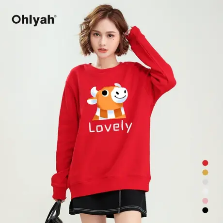 Ohlyah品牌红色卫衣女男情侣装宽松韩版牛年卡通本命年新年服学生商品大图