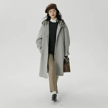 omont蛋挞家 灰色连帽羊毛大衣女2023新款秋冬宽松中长款毛呢外套商品大图