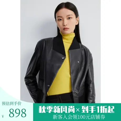 恩裳初秋新品时尚绵羊皮拼接罗纹领西装式皮衣外套女图片