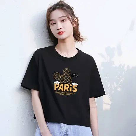 短袖t恤女夏季2023年新款高级感宽松小个子短款纯棉正肩上衣服潮商品大图