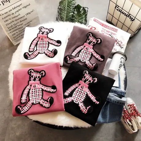 2020春新款韩国东大门格子小熊T恤刺绣休闲宽松磨毛加厚T恤打底衫图片