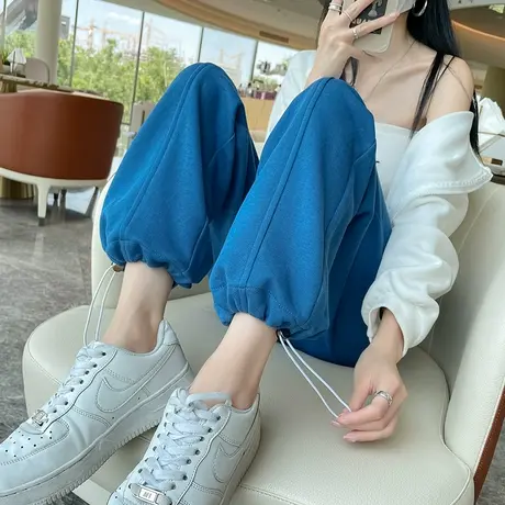 蓝色运动裤女春秋2023年新款高腰阔腿宽松显瘦休闲束脚两穿灯笼裤商品大图