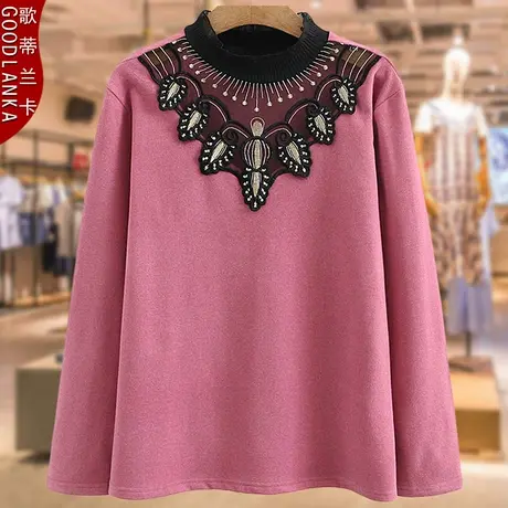 中年胖妈妈秋冬大码女装宽松遮肚子显瘦蕾丝边弹力加厚长袖打底衫商品大图