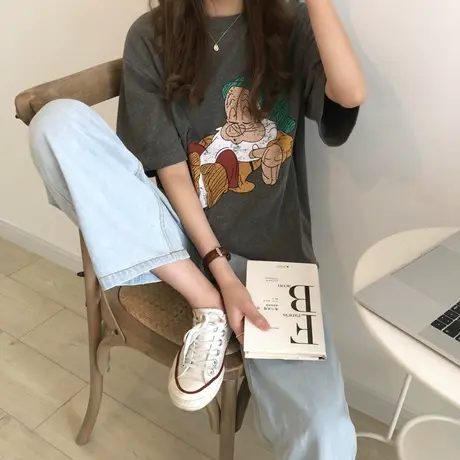 网红港风慵懒ins短袖t恤女宽松韩版中长款学生怪味百搭丧系上衣服商品大图