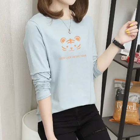 长袖t恤女士秋装纯棉打底衫韩版显瘦2022新款宽松学生上衣服外穿商品大图