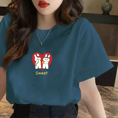 2023夏装正肩t恤女短袖韩版宽松基础款圆领印花纯棉外穿上衣女装图片