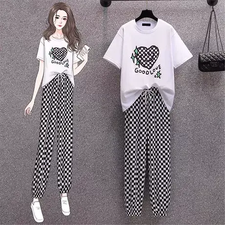 网红港风运动服套装跑步女夏季薄款宽松短袖长裤小个子休闲两件套商品大图