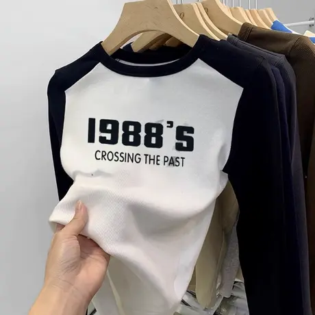 长袖t恤女秋季辣妹短款高级感上衣服弹力修身内搭学生秋冬打底衫商品大图