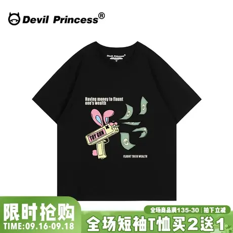 甜酷风美式宽松显瘦黑色短袖t恤女小众卡通校园风正肩半袖上衣夏商品大图