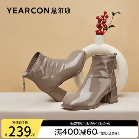 意尔康女鞋秋冬方头短靴法式皮靴及踝靴单靴粗跟瘦瘦靴女士配裙子商品大图